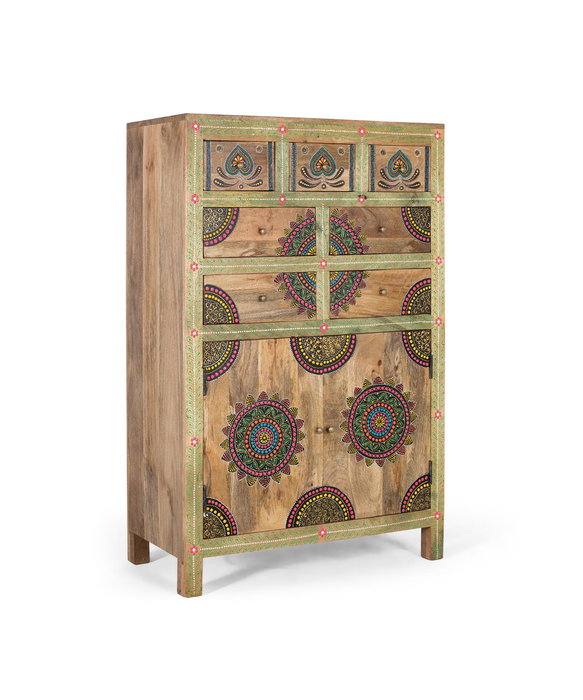 GINER Y COLOMER Buffet en bois de manguier massif avec 7 tiroirs et 2 portes - Dimensions 122x80x40 cm - Multicolore - Meuble artisanal