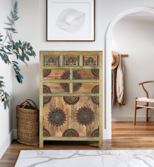 GINER Y COLOMER Buffet en bois de manguier massif avec 7 tiroirs et 2 portes - Dimensions 122x80x40 cm - Multicolore - Meuble artisanal