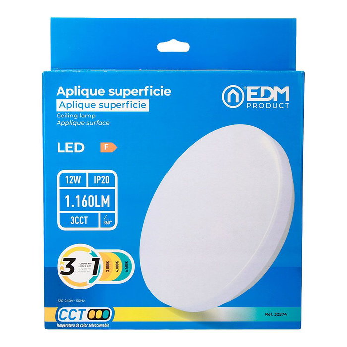 Edm Aplique LED circulaire de surface 12 W 3CCT 1160 lm ø26 x 6,2 cm