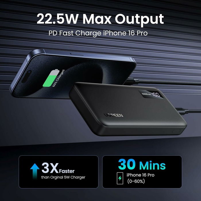 UGREEN Power Bank Portable 10000mAh (Réf. 25742) - Charge Rapide Bidirectionnel USB-C Power Delivery 3.0 & Quick Charge 3.0 - 20W - Noir