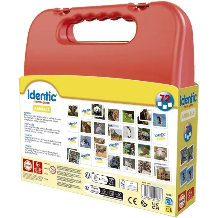 Educa - Jeu de mémoire Identic Animaux, 72 cartes pour développer mémoire et attention, pour enfants des 3 ans et plus