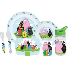 Fun House - Lot de vaisselle Barbapapa (Réf. BARBAPAPA) - 6 pièces : Assiettes 22 cm & 16 cm, couverts, verre, gourde et boîte goûter - Adapté lave-vaisselle et micro-ondes