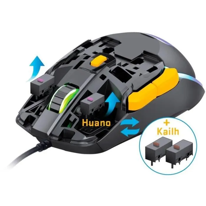 Yenkee YMS 3600BK Souris de Jeu Filaire Modulaire, Capteur Pixart 3327 12400 DPI, RGB, 6 Boutons Programmables, Design Anti-Transpiration