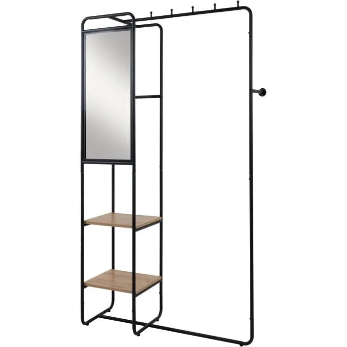 Meuble d'entrée LUTON, structure métallique noir et chêne artisanal, 100x185x37 cm, 2 étagères, 1 miroir, rangement entrée