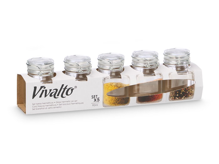 Vivalto Set de 5 Pots avec Fermeture Hermétique 90 ml Verre Transparent 30.5x8.2x6.5 cm (Set de 12)