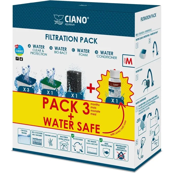 Ciano Pack entretien aquarium Taille M - 3 cartouches Water Clear, Bio-Bact, Foam - Conditionneur eau 15ml Ciano Pack entretien aquarium Taille M - 3 cartouches Water Clear, Bio-Bact, Foam - Conditionneur eau 15ml