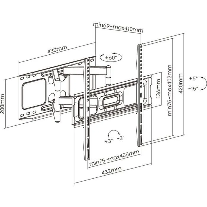 Stell - Support TV mobile SHO 5610 pour téléviseurs 32 à 70 pouces, inclinaison +5°/-15°, rotation ±60°, charge 45 kg, gestion des câbles