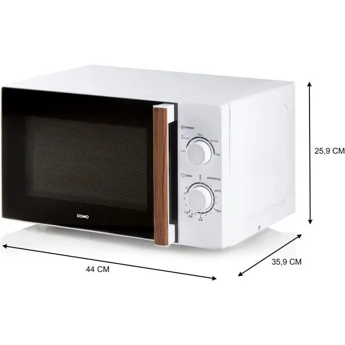 Domo DO2720 - Four micro-ondes 20L, 700W, Blanc finition bois - Minuterie 35 min, fonction décongélation, dimensions 44 x 35.8 x 25.8 cm