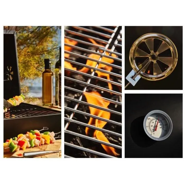 Cookingbox Barbecue à charbon MIKE - Noir - Grande surface de cuisson 71x35 cm - Grille acier chromé - Dimensions 115x66x106 cm - Tablettes en bois FSC