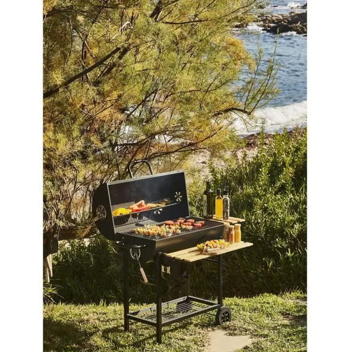 Cookingbox Barbecue à charbon MIKE - Noir - Grande surface de cuisson 71x35 cm - Grille acier chromé - Dimensions 115x66x106 cm - Tablettes en bois FSC