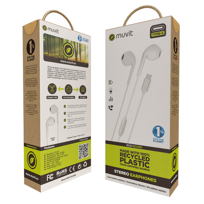 Muvit E58 Casque Stéréo Filaire USB Type C avec Micro Écologique Matériaux Recyclés Muvit E58 Casque Stéréo Filaire USB Type C avec Micro Écologique Matériaux Recyclés