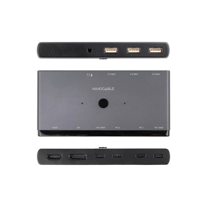 Nanocable Switch KVM 2xUSB-C à 3xUSB-A + 2xUSB-C PD + HDMI + DisplayPort + Audio Gris Nanocable Switch KVM 2xUSB-C à 3xUSB-A + 2xUSB-C PD + HDMI + DisplayPort + Audio Gris