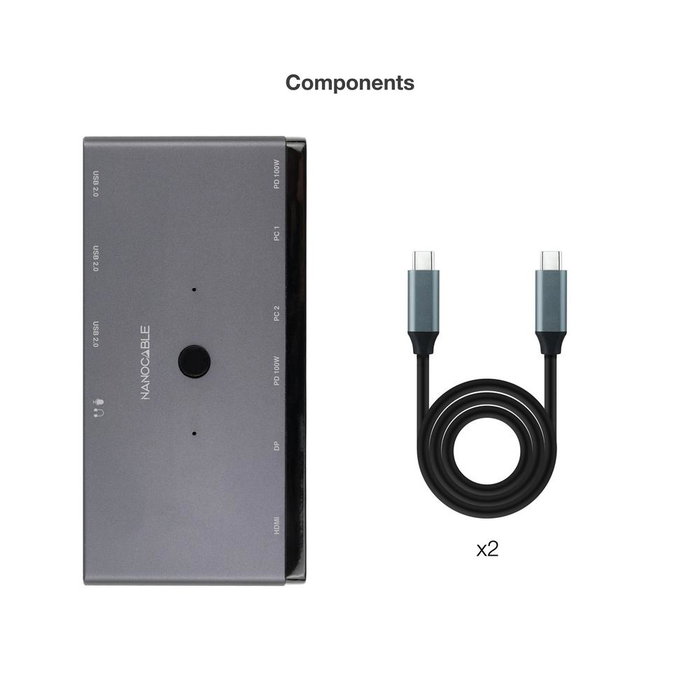 Nanocable Switch KVM 2xUSB-C à 3xUSB-A + 2xUSB-C PD + HDMI + DisplayPort + Audio Gris Nanocable Switch KVM 2xUSB-C à 3xUSB-A + 2xUSB-C PD + HDMI + DisplayPort + Audio Gris