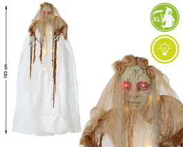 Colgante Novia Cadáver 183 cm avec yeux lumineux et robe vieillie - Décoration gothique pour halloween et cimetière hanté