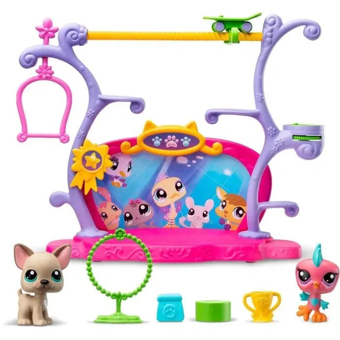 Bandai Coffret Pets Got Talent BF00558 - Ensemble de jeu Littlest Pet Shop avec 2 animaux à tête bougeante, décor et 4 accessoires, pour enfants dès 4 ans