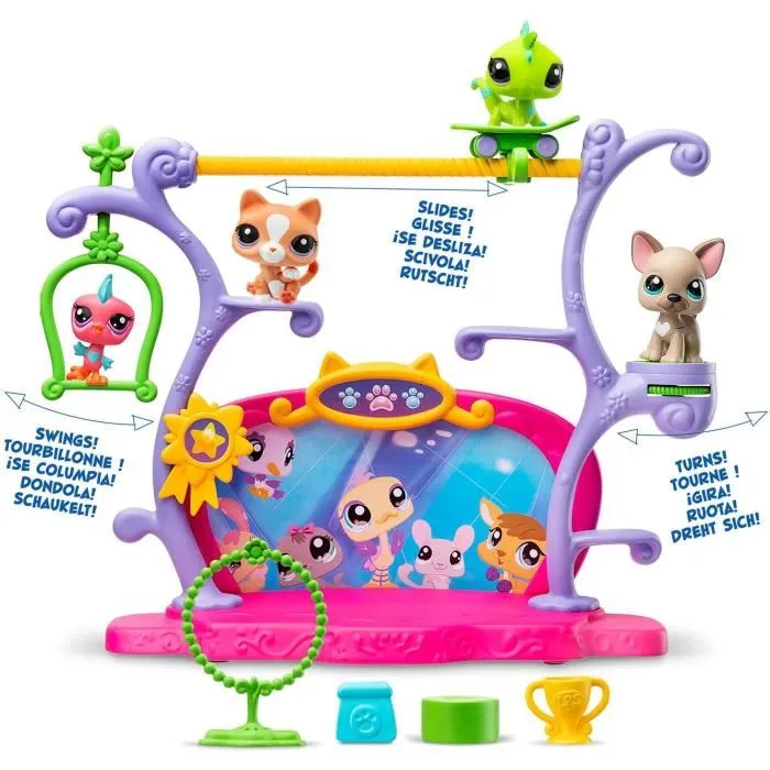 Bandai Coffret Pets Got Talent BF00558 - Ensemble de jeu Littlest Pet Shop avec 2 animaux à tête bougeante, décor et 4 accessoires, pour enfants dès 4 ans
