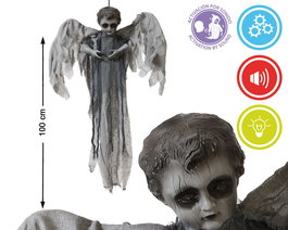 Ange suspendu Zombie 100 cm avec ailes, effets de lumière et son, décoration gothique et Halloween, figure fantomatique, activation par détection sonore