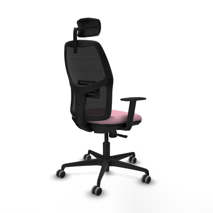 Chaise Alfera Synchro 4 positions tissu Rose Maille Noir Base en nylon noir Accoudoir 1D Appui-tête 2D Roulettes 65mm pour moquette