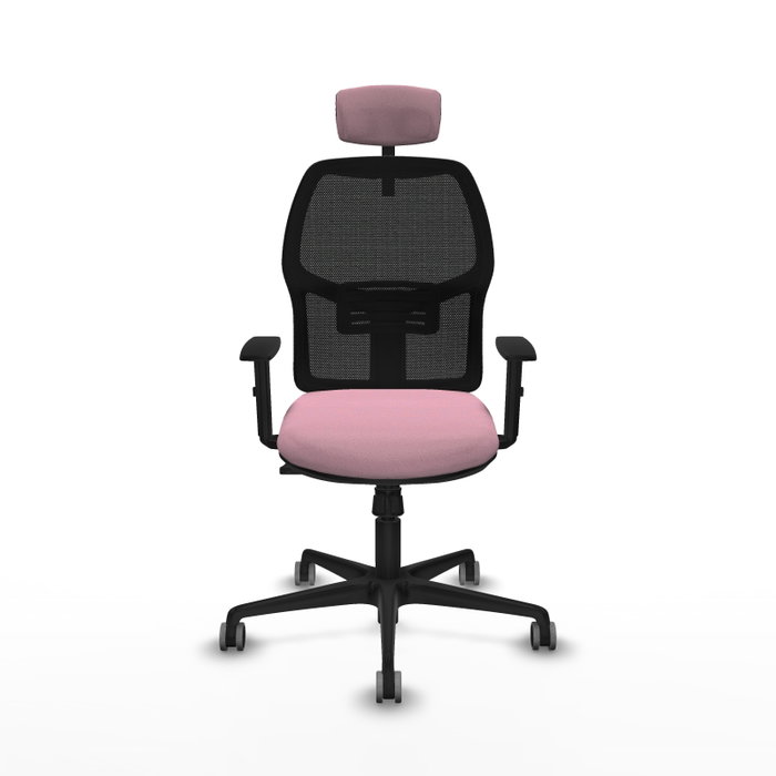 Chaise Alfera Synchro 4 positions tissu Rose Maille Noir Base en nylon noir Accoudoir 1D Appui-tête 2D Roulettes 65mm pour moquette