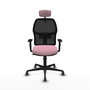 Chaise Alfera Synchro 4 positions tissu Rose Maille Noir Base en nylon noir Accoudoir 1D Appui-tête 2D Roulettes 65mm pour moquette