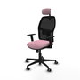 Chaise Alfera Synchro 4 positions tissu Rose Maille Noir Base en nylon noir Accoudoir 1D Appui-tête 2D Roulettes 65mm pour moquette