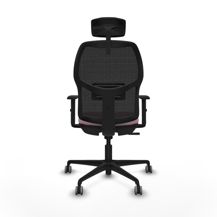 Chaise Alfera Synchro 4 positions tissu Rose Maille Noir Base en nylon noir Accoudoir 1D Appui-tête 2D Roulettes 65mm pour moquette