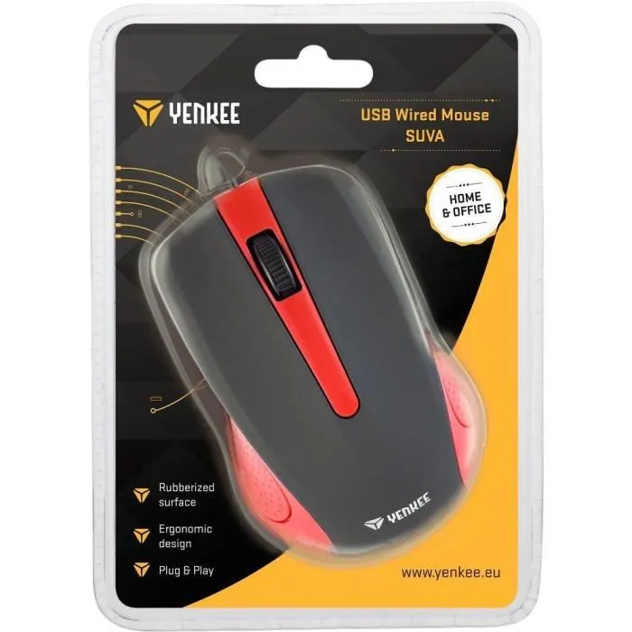 Yenkee YMS 1015RD - Souris filaire optique rouge avec 3 boutons, 1000 DPI, surface anti-transpiration, câble 1.25 m - Dimensions 104 x 66 x 39 mm Yenkee YMS 1015RD - Souris filaire optique rouge avec 3 boutons, 1000 DPI, surface anti-transpiration, câble 1.25 m - Dimensions 104 x 66 x 39 mm