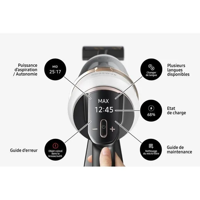 Samsung Aspirateur balai sans fil Jet 85 Complete VS20C85G4TB - 210 AW - Autonomie 60 min - 3 brosses - 580 W - Design compact