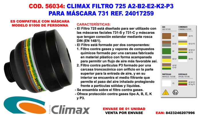 Climax Filtre combiné 725 ABEK2P3 R RD40 Climax Filtre combiné 725 ABEK2P3 R RD40