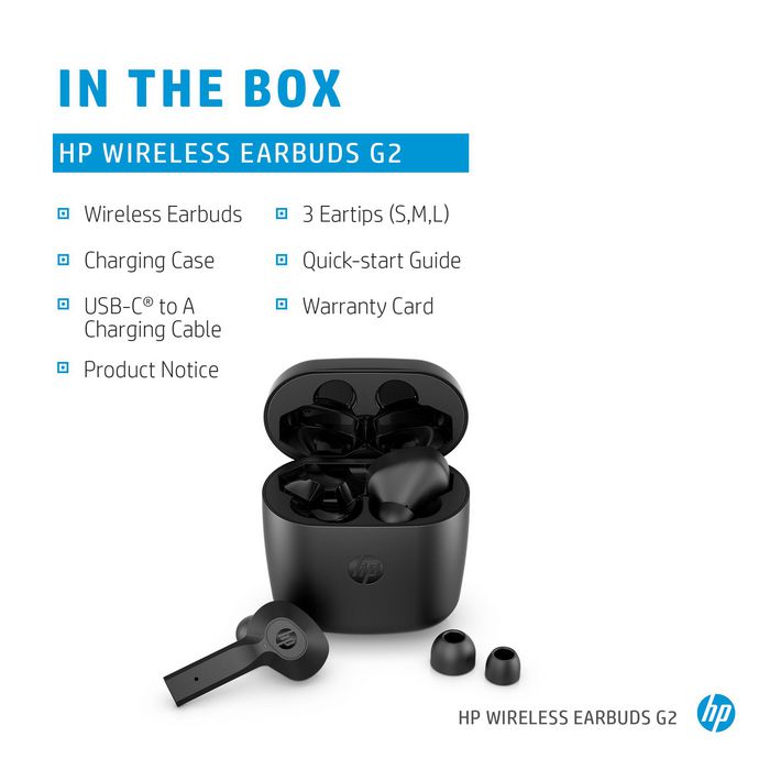 HP Écouteurs sans fil intra-auriculaires HP G2 - Réduction de bruit DSP, Bluetooth 5.0, étui de charge USB-C, résistance IPX4, avec embouts en silicone