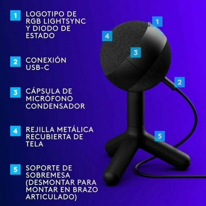 Logitech Microphone USB Yeti avec éclairage RGB Orb Lightsync Noir - Réf. 988-000551