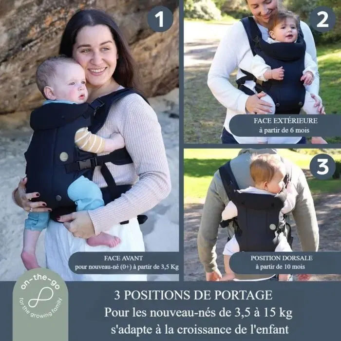Dreambaby Journey - Porte-bébé réglable 3-en-1 Noir, pour nouveau-né et enfant jusqu'à 15 kg, 3 positions de portage ergonomique pour confort et sécurité