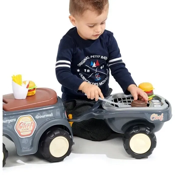 FALK Food Truck Porteur Jouet - Remorque avec Volant Directionnel et Burgers - Enfant Dès 12 Mois - Fabriqué en France