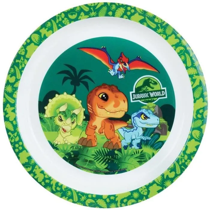 Fun House - Set de vaisselle pour enfant Jurassic World, 6 pièces : assiette creuse, assiette plate, couverts, verre, gourde et boîte goûter