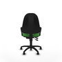 Chaise de bureau Algarra avec mécanisme à double poignée à contact permanent, recouverte de tissu vert. Équipée d'une base en polyamide noir, d'accoudoirs fixes et de roulettes autobloquantes