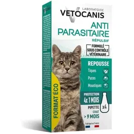 VETOCANIS Pipette Anti-Puces, Anti-Tiques et Anti-Moustiques pour Chat - Répulsif à Base d'Extrait de Margousier - 1 Mois de Protection - Fabriqué en France