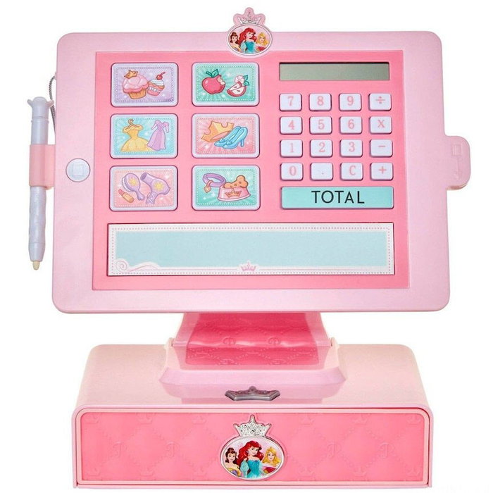 JAKKS PACIFIC - Caisse Enregistreuse Princesses Disney, avec Tablette de Signature à l'Eau, Lecteur de Carte, Calculatrice, Billets Jouets - +3 Ans - Fonctionne avec Piles AAA