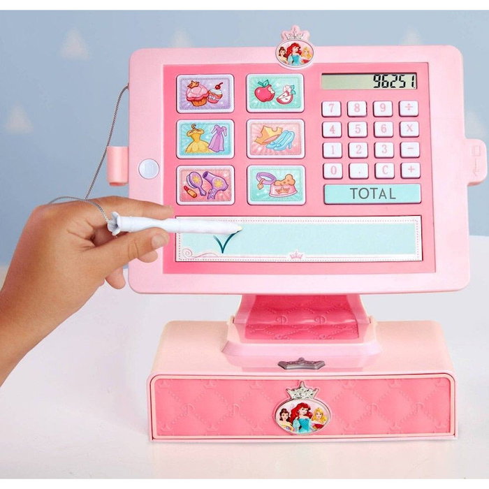 JAKKS PACIFIC - Caisse Enregistreuse Princesses Disney, avec Tablette de Signature à l'Eau, Lecteur de Carte, Calculatrice, Billets Jouets - +3 Ans - Fonctionne avec Piles AAA