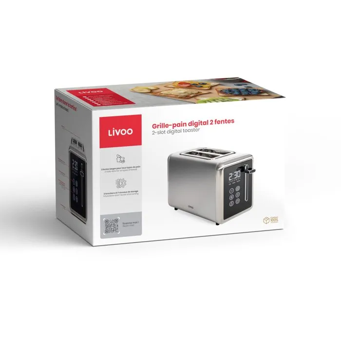 Livoo DOD205 Grille-pain digital 2 fentes 850 W avec panneau de contrôle tactile - Thermostat 7 niveaux, fonctions décongélation, réchauffage - Gris/Noir, acier inoxydable