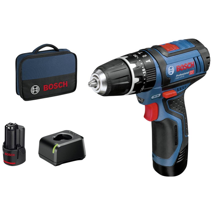 Bosch Professional GSB 12V-15 Perceuse-visseuse à percussion avec 2 batteries 2,0Ah et chargeur AL 12V-20 Bosch Professional GSB 12V-15 Perceuse-visseuse à percussion avec 2 batteries 2,0Ah et chargeur AL 12V-20