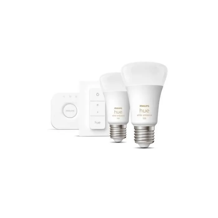 Philips Hue - Kit démarrage 2 ampoules LED connectées E27 10,5W White Ambiance avec Télécommande et Bridge pour éclairage intelligent et routines lumineuses