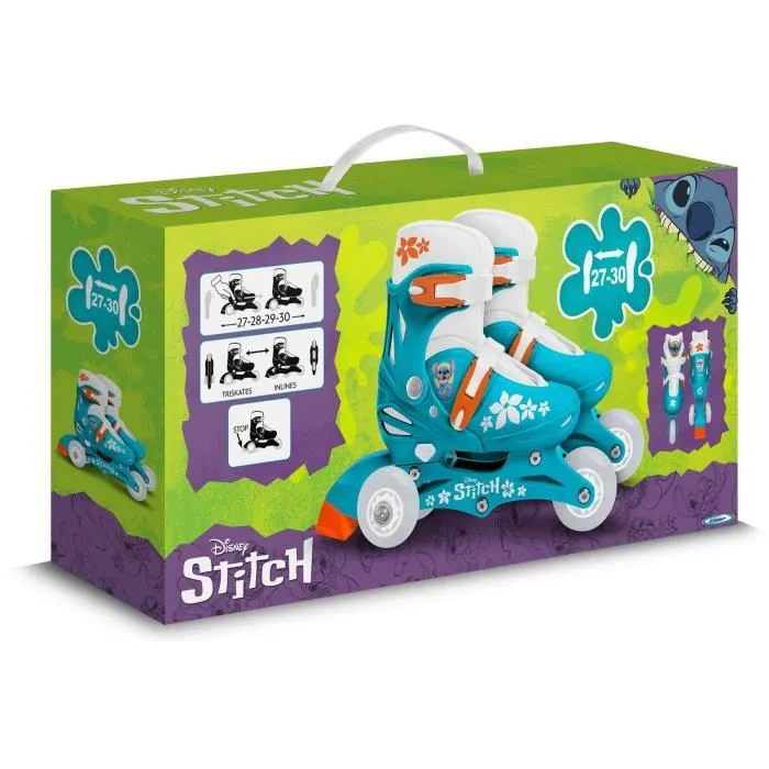 Disney - Patins en ligne ajustables 2-en-1 modèle Stitch, 3 roues, taille 27-30, pour enfants, chausson confortable avec scratch, frein arriere