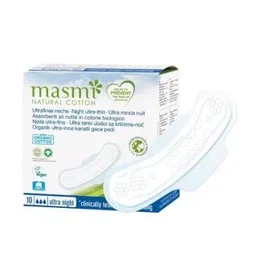 MASMI Compresses Ultra Fines Nuit avec Ailes - 10 Unités - Coton Écologique Certifié - Hygiène Féminine Naturelle