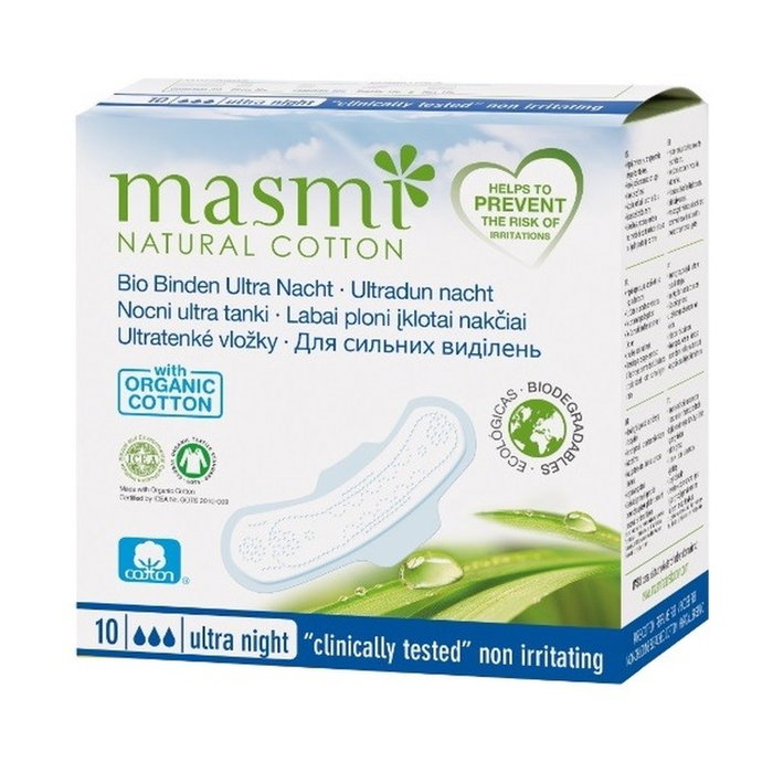 Masmi Natural Cotton Serviettes Ultra Fines Nuit avec Ailes 10 unités Masmi Natural Cotton Serviettes Ultra Fines Nuit avec Ailes 10 unités