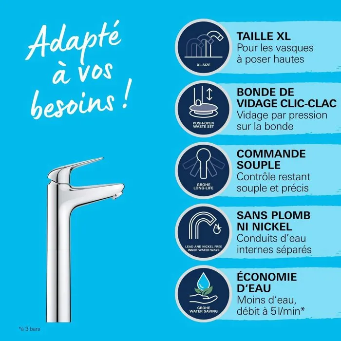 GROHE Mitigeur vasque monocommande à poser, Swift (24331001), extra haut, chromé, économe en eau, système de vidage par pression - GROHE LongLife