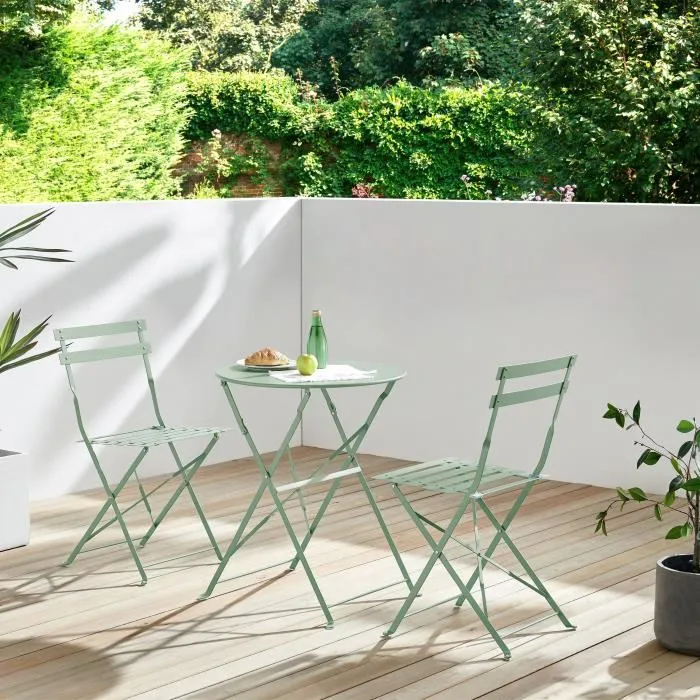 ELORA Set bistrot de jardin - Table pliante ronde 60 cm + 2 chaises pliantes - Acier thermolaqué vert - Ensemble repas extérieur pour 2 personnes