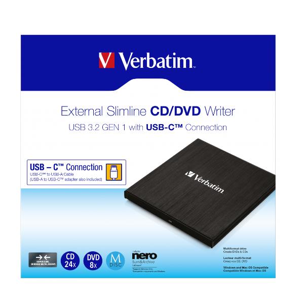 Verbatim Lector CD DVD Slim Externe USB-C Noir, Grabeur Portable Plug and Play avec Nero