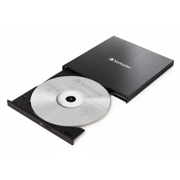 Verbatim Lector CD DVD Slim Externe USB-C Noir, Grabeur Portable Plug and Play avec Nero