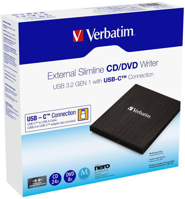 Verbatim Graveur de CD/DVD Externe Ultra Mince avec Connexion USB-C, Câble USB-C vers USB-A Inclus, Logiciel Nero Burn & Archive, Alimentation par USB