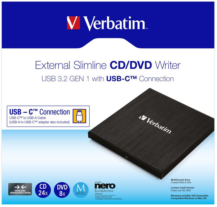 Verbatim Graveur de CD/DVD Externe Ultra Mince avec Connexion USB-C, Câble USB-C vers USB-A Inclus, Logiciel Nero Burn & Archive, Alimentation par USB